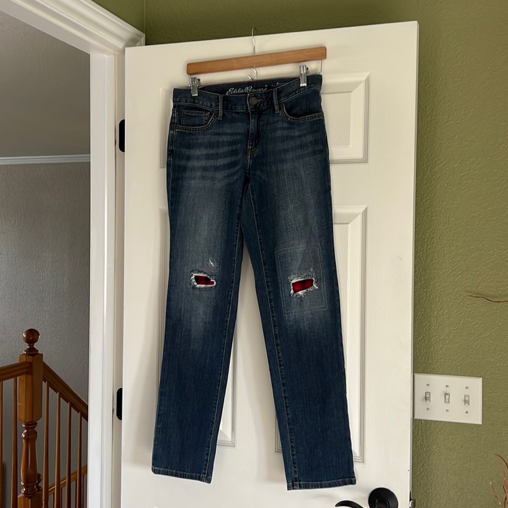 Eddie Bauer Plaid Patch Distressed Jeans, Size 2